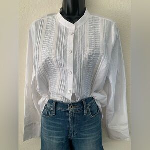 Soft Surroundings White Pleat Pintuck Lace Tunic Blouse High Neck Size M Poplin